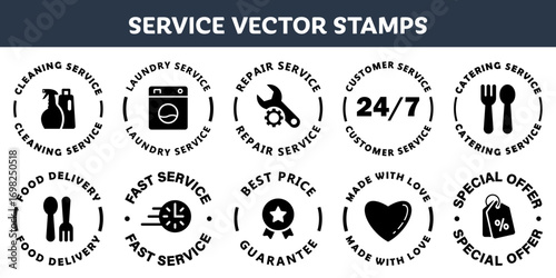 Different service vector labels - cleaning, laundry, repair,catering, food delivery. Business advertising signs.