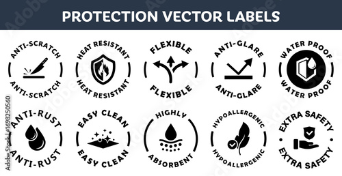 Vector protection properties labels isolated on white.