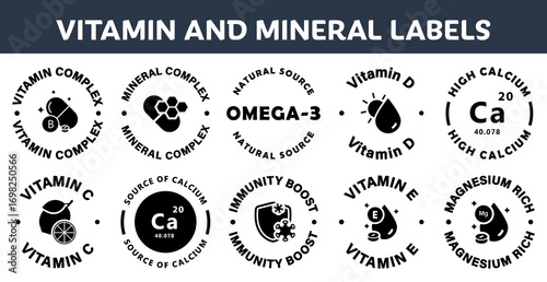 Vitamins and Minerals vector labels for packaging.