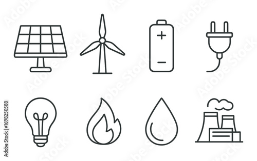 Energy icons: solar, wind, battery, plug, light bulb, fire, water, power plant