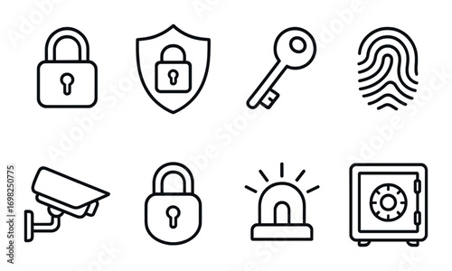 Security symbols collection featuring locks, key, fingerprint, camera, alarm, and safe