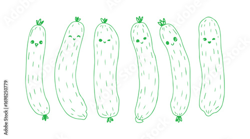 Doodle-style cucumber vector, hand-drawn and cute, on a white backdrop.