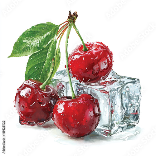 Three vibrant red cherries with fresh green leaves resting on shimmering ice cubes creating a refreshing still life artwork