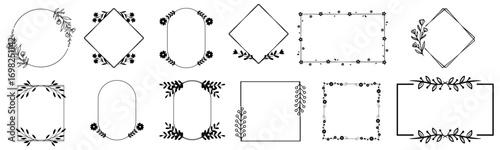 Elegant floral frames. Minimalist botanical borders with flower branches, modern decorative silhouettes for wedding invitation card logo. Vector collection