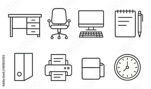 Office essentials: desk, chair, computer, notebook, printer, folder, mug, clock icons