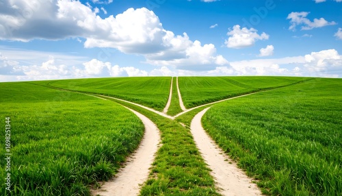 A grassy field features three paths diverging under a bright blue sky with puffy white clouds, symbolizing choices