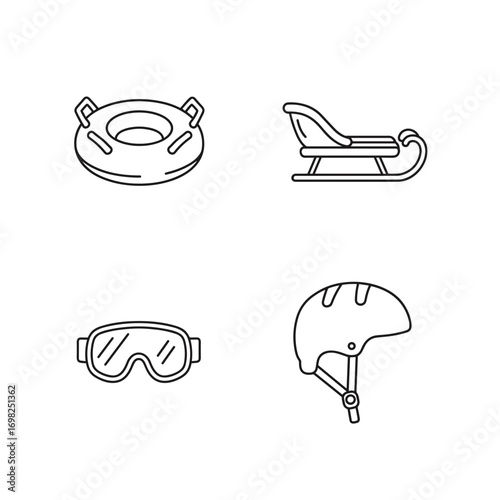 Collection of Winter sports-themed icons, including Snow tube, Sled, Ski goggles, Helmet