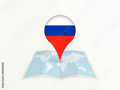 Russia Map Pin with National Flag on Open World Map.