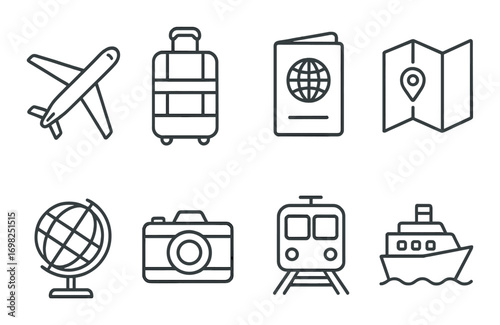 Travel icons: airplane, luggage, passport, map, globe, camera, train, ship illustrations