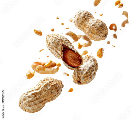 Opened peanuts and walnut pieces explode from a burst, against a black background