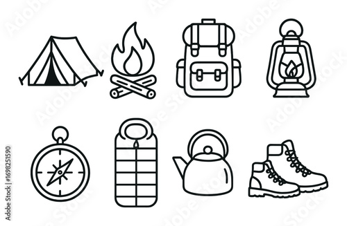 Camping gear icons: tent, fire, backpack, lantern, compass, sleeping bag, kettle, boots