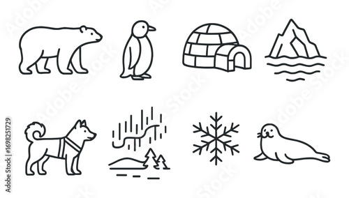 Arctic animals and symbols: polar bear, penguin, igloo, mountain, dog, snowflake, seal