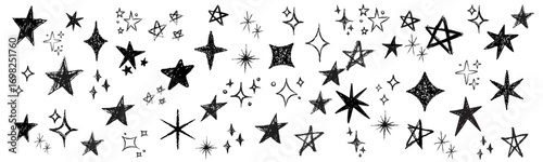 Doodle chalk stars. Hand drawn black sketch stars, sparkles, shining bursts with grunge charcoal texture. vector set