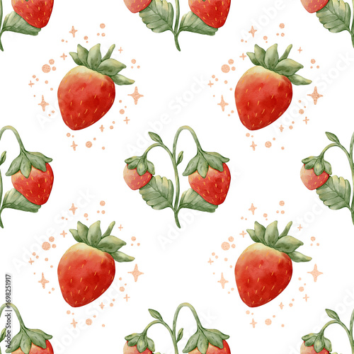 Strawberry seamless Pattern with transparent Background. Hand drawn watercolor illustration.