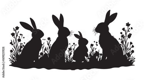 Vector silhouette featuring a collection of Easter eggs, hares, chicks, and flowers