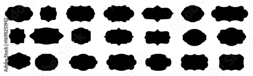 Black decorative label silhouettes, vintage frame shapes, retro outline badge, ornate geometric borders. Vector set