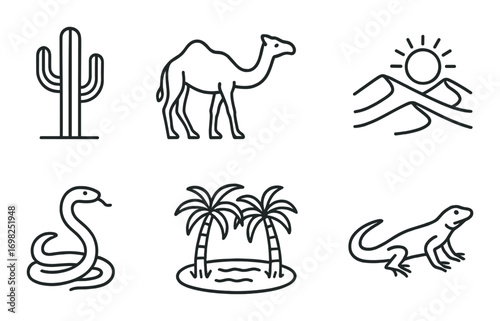 Desert icons featuring cactus, camel, sun, snake, palm trees, and lizard