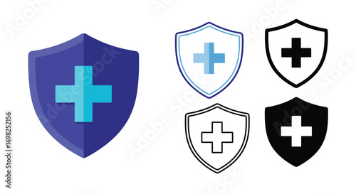 Medical shield with plus symbol vector icon illustration set