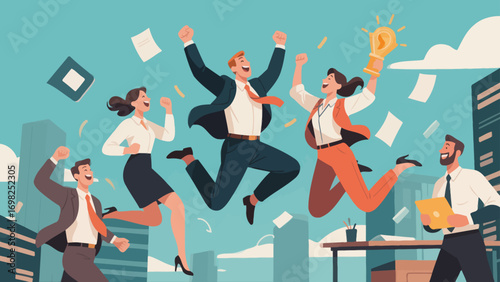 Business figures joyfully jump to celebrate success, joyfully throw punches to encourage, hand-drawn vector illustrations