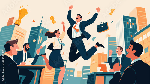 Business figures joyfully jump to celebrate success, joyfully throw punches to encourage, hand-drawn vector illustrations