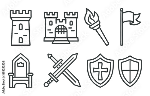 Medieval castle icons: fortress, sword, shield, throne, torch, flag