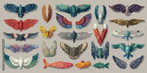 Whimsical Assemblage of Handcrafted Wing and Fish Sculptures with Detailed Textures and Vibrant Color Palettes