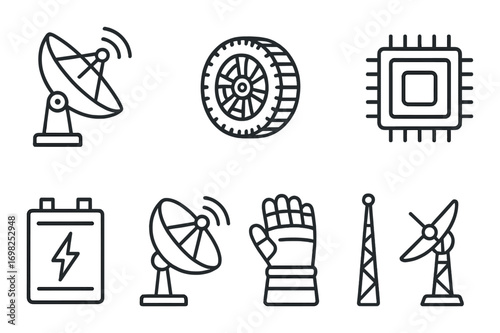 Set of technology icons featuring satellite dishes, microchip, tire, and battery