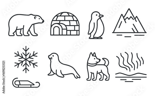 Arctic icons: bear, igloo, penguin, mountain, snowflake, seal, dog, landscape