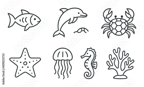 Ocean life icons featuring fish, dolphin, crab, starfish, jellyfish, seahorse, coral