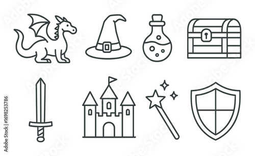 Fantasy icons: dragon, wizard hat, potion, treasure chest, sword, castle, wand, shield