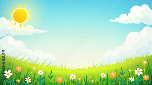 green grass and blue sky. Children's picture of a spring or summer sunny meadow with green grass, sun, clouds and flowers.
