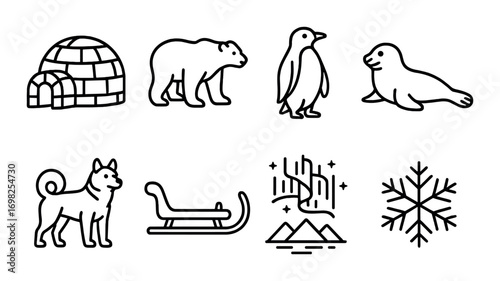 Arctic icons: igloo, polar bear, penguin, seal, dog, sled, northern lights, snowflake