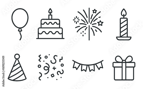 Celebration icons: balloon, cake, fireworks, candle, party hat, confetti, garland, gift box