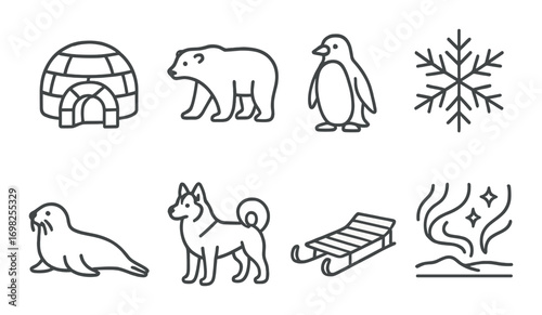 Arctic winter icons: igloo, bear, penguin, snowflake, walrus, dog, sled, northern lights