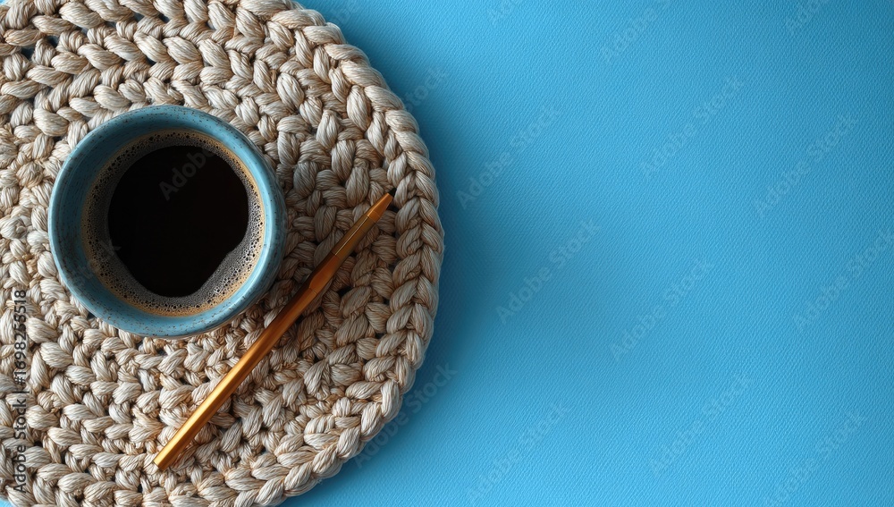 Fototapeta premium Coffee, crochet coaster, blue background, craft