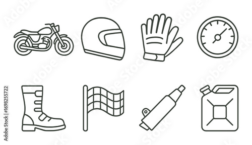 Motorcycle gear icons: helmet, gloves, speedometer, boot, flag, exhaust, fuel can