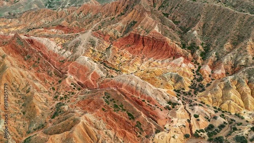 Aerial panoramic view of Skazka Canyon in Kyrgyzstan, showcasing colorful red, yellow, and sand-toned cliffs and rock formations under a clear sky.