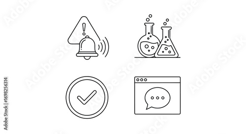 Vector illustration of set of four icons representing alert, laboratory flasks, checkmark, and chat bubble
