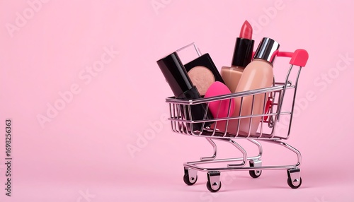 Shopping cart filled with makeup products