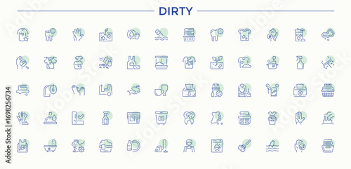 Dirty colorful linear icon collection. It contains symbols to environment, smog, damage, ecology, smoke, pollution and more. Outline icons pack. Pollution icon set. Signs for web and mobile app.