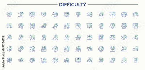 Difficulty colorful line icon set. It contains symbols to challenge, exam, work, performance, strategy and more. Minimal icons collection. Target icon set. Editable vector stroke.