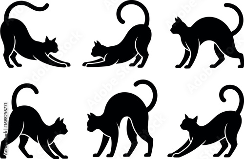 Six distinct black cat silhouettes showing various playful poses and stretches on a white canvas