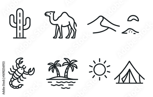 Desert icons: cactus, camel, sand dunes, scorpion, palm trees, sun, and tent