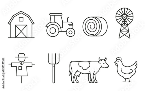 Farm icon set featuring barn, tractor, hay bale, windmill, scarecrow, pitchfork, cow, chicken