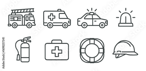 Emergency vehicles and equipment icons featuring firetruck, ambulance, police car, and safety gear