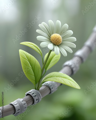 White flower is growing on a branch. The flower is surrounded by a green leaf. Concept of growth and life, as the flower and leaf are both thriving in their natural environment