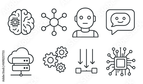 Ai and technology icons: brain, network, cloud, gears, chip, and communication