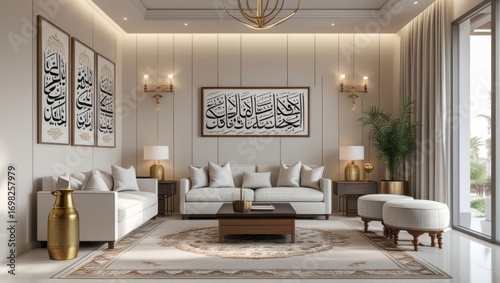 A modern living room design featuring a calming beige and cream color palette, with exquisite Islamic calligraphy prints on the wall and plush seating.