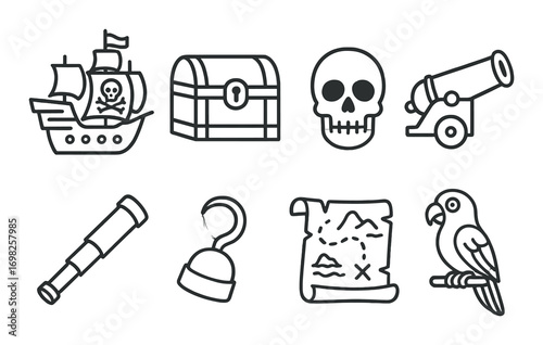 Pirate icons: ship, treasure chest, skull, cannon, telescope, hook, map, parrot