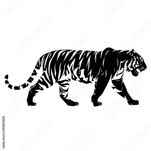 Majestic black tiger strides powerfully displaying its iconic striped silhouette with fierce intensity